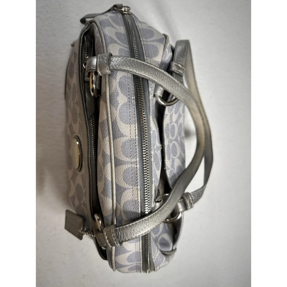 COACH F18919 Signature Satchel Handbag Metallic Silver Grey Canvas Shoulder Bag